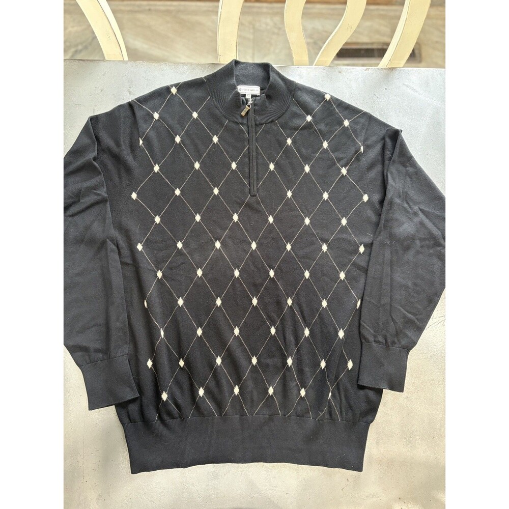 Peter Millar Sweater Mens XL Black 1/4 Zip Silk Cotton Cashmere Blend Argyle